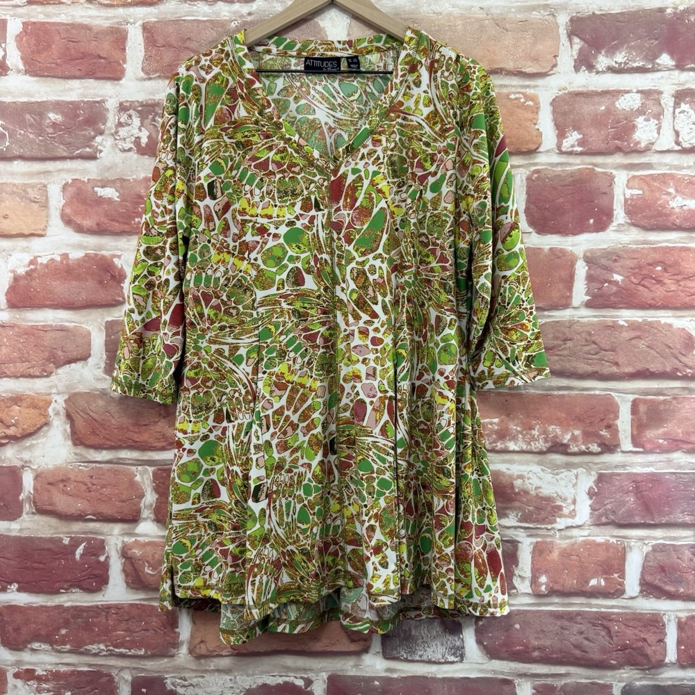 Attitudes By Renee Tunic Top Women's 1X Multicolor Boho Abstract Casual Shirt